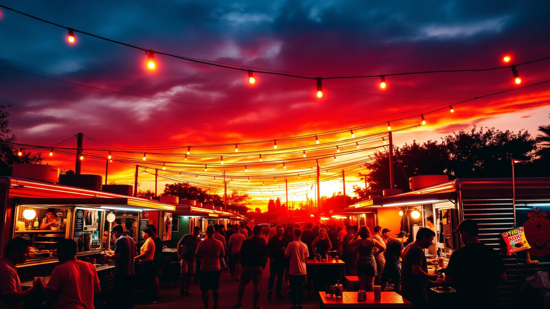 Austin food trailer park at sunset